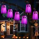 6P Lights Up Hanging Ghosts Halloween Decorations Outdoor(Purple & Orange), Timer, IP65 Waterproof, Battery Operated Halloween Lights with Witch Hats, Holiday Decorations for Patio Garden