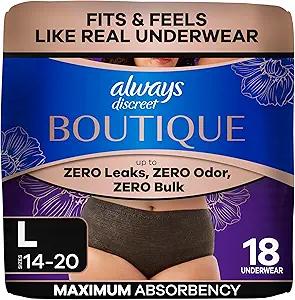 Always Discreet Boutique Incontinence and Postpartum Underwear for Women, Maximum Protection, Large, Black, 18 Count