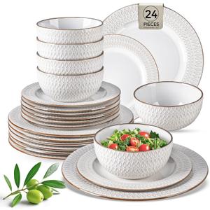 GBHOME Ceramic Dinnerware Sets, 24 pcs Embossed Elegant Stoneware Plates and Bowls Sets, Housewarming Wedding Gift | Dishwasher & Microwave Safe | Dishes Set Service for 8