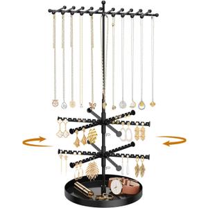 iDavosic.ly 3 Tier Rotating Earring Holder Organizer with Storage Tray, Adjustable Metal Necklace Display Stands Tree with 22 Hooks, Large Jewelry Rack Tower for 96 Pairs of Stud, Black