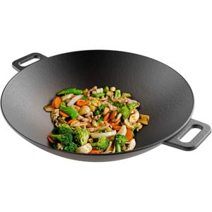 Cast Iron Wok-14 Pre-Seasoned, Flat Bottom Cookware with Handles-Compatible with Stovetop, Oven, Induction, Grill, or Campfire by Classic Cuisine, (82-KIT1088)