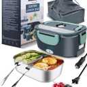 Buddew Electric Heated Lunch Box for Adults - 80W Fast Heating, 1.5L Food-Grade Stainless Steel, 12V/24V/110V Portable Food Warmer for Work Travel Car, Lonchera Electrica Portatil (Green)