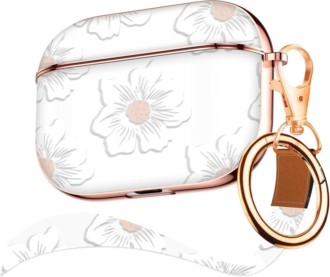 Maxjoy for Airpods Pro 2 Case Cover,Cute Electroplating with Gold Heart Pattern with Lanyard Shockproof Cover for Girls Woman Airpods Pro 2 Generation Case-White Trumpet Flower