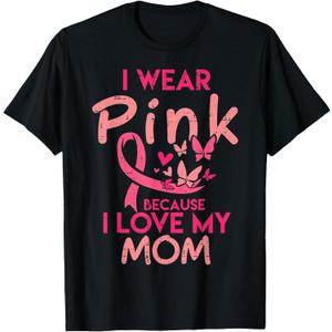 I Wear Pink I Love My Mom Kids Breast Cancer Awareness Boys T-Shirt (Small, Black)