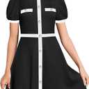 YOVION Girls Summer Dress Puff Sleeve Crewneck Button Color Block Casual Party Dresses with Pockets for 6-12 Y (Beige)