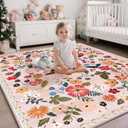 Boho Floral Area Rugs 5x7 Soft Washable Stain Resistant Indoor Floor Carpet Rug Vintage Beige Low Pile Non Slip Rug Spring Farmhouse for Living Room Bedroom Dining Room Playroom Nursery Family Room (Baby Pink)