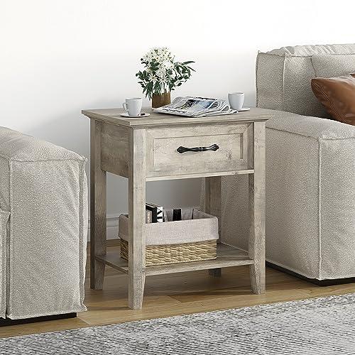 GarveeHome Nightstands, End Table with Drawer, Side Table for Living Room, 2 Tiers Storage Shelves Bedside Table for Study Room, Bedroom, Dorm, 1pcs-Grey