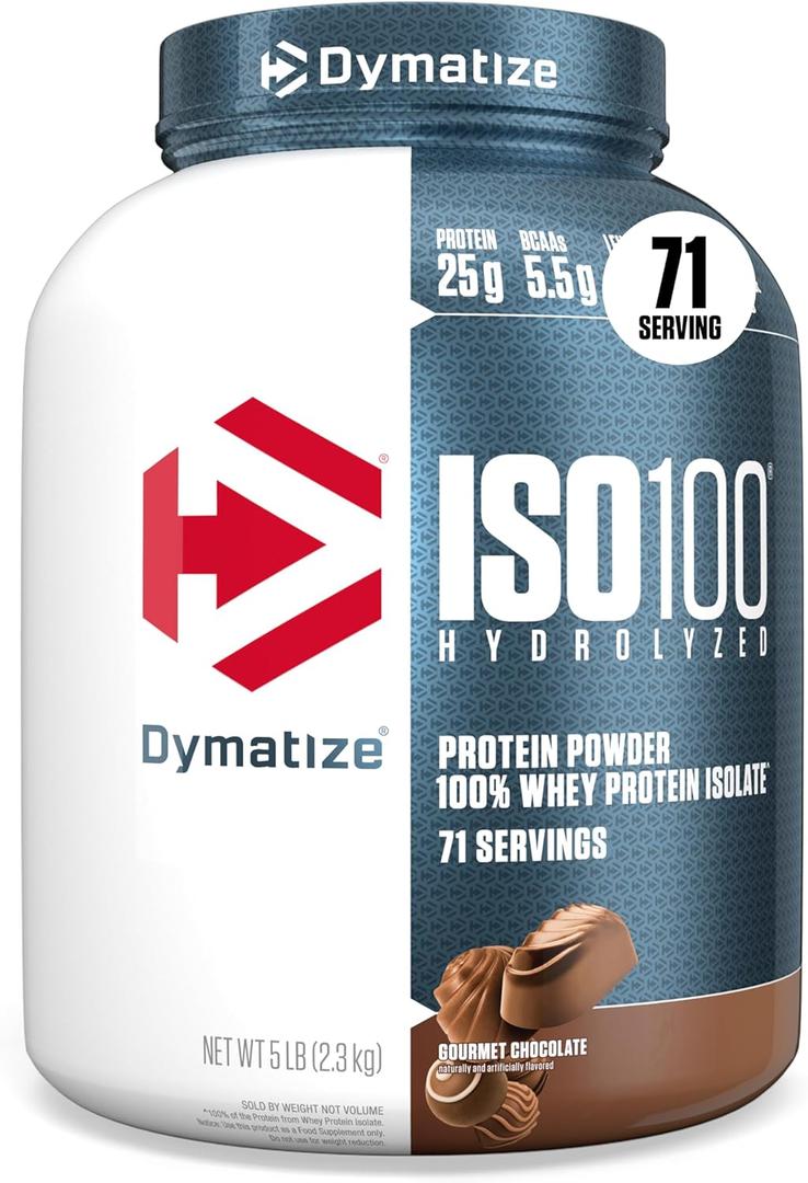 Dymatize ISO100 Whey Protein Powder Isolate, Gourmet Chocolate, 25g of Protein, 5 Pound, 5.5g BCAAs, Less Than 120 Cal., Gluten Free, 1g Fat, 1g Sugar, 2g Carb (71 Servings) (EXP 04/01/27)