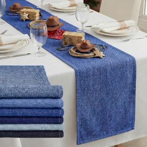 6 Pcs 72 x 13'' Blue Jean Baby Shower Table Runner Denim Baby Shower Decorations Washable Blue Denim Design Table Runner for Birthday Party Dining Kitchen Home Kitchen Decor