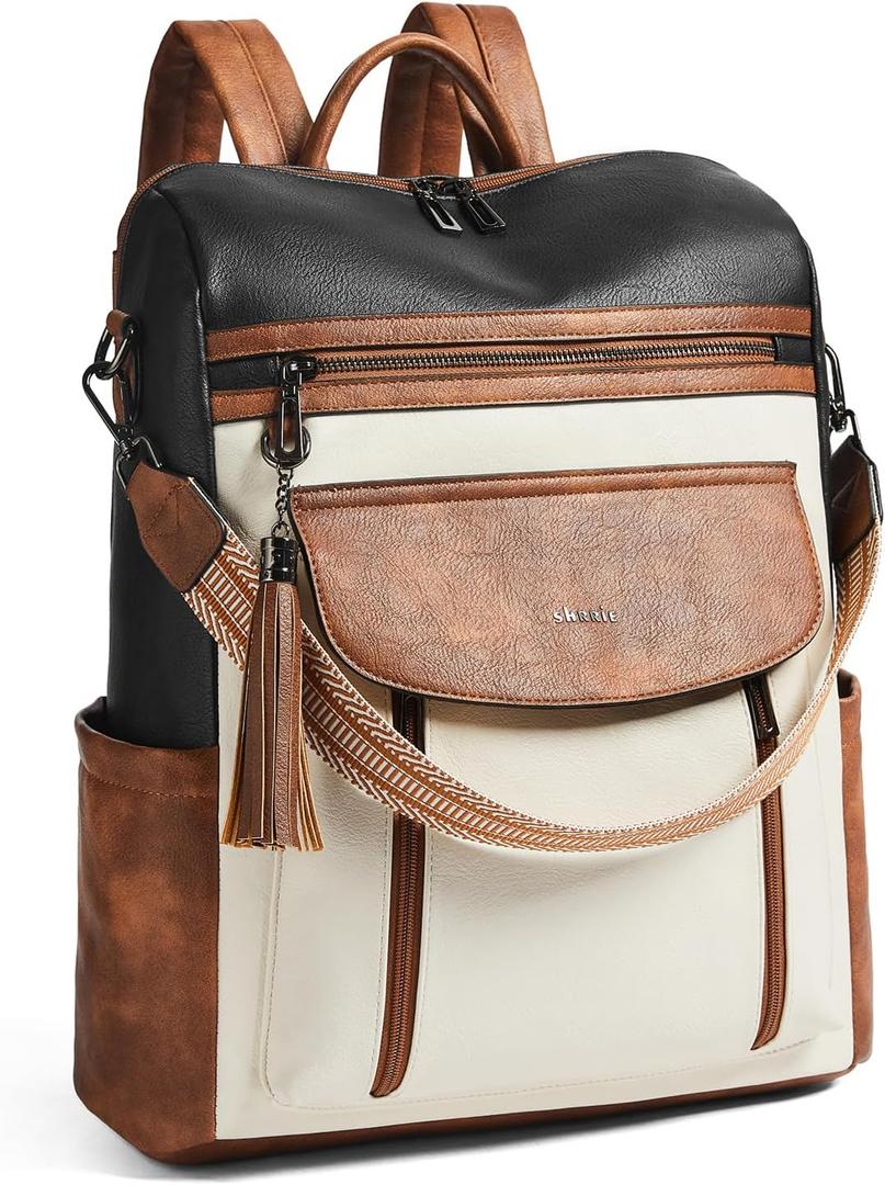 Shrrie Laptop Backpack for Women 15.6 inch,Travel Leather Backpack Purse Nurse Teacher Carry on Backpack Computer Bag, Professional Water-Resistant College Business Work Casual Daypack, Two-tone Maroon (Black With Brown and White)