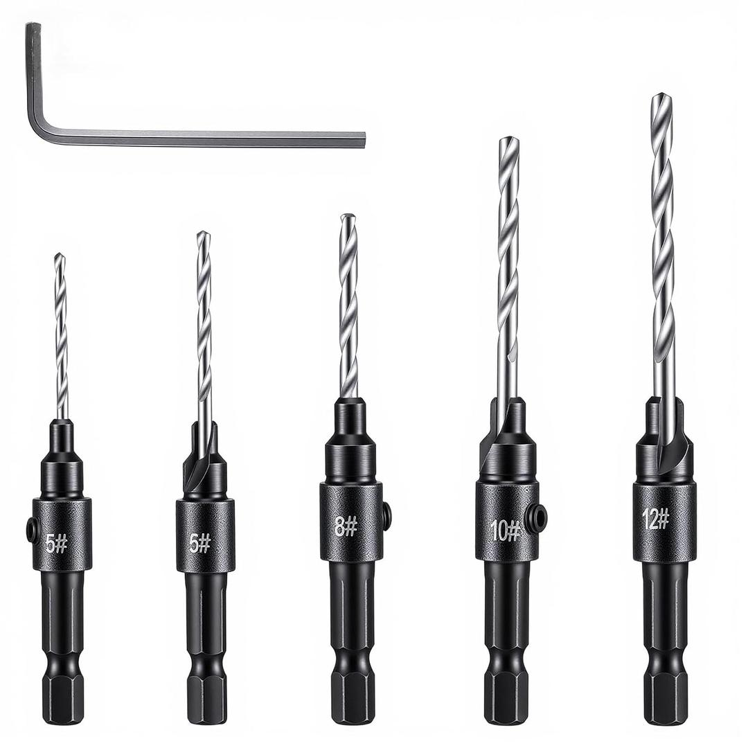 5 Pcs Countersink Drill Bit Set with 1/4" Hex Shank Tapered Adjustable Depth Bits for Wood Metal Plastic Change