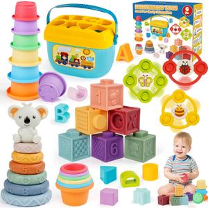 Montessori Toys for Babies Ages 61218 Months with Sensory Shape Sorter Matching Game Box Stacking Cups Soft Ring, Building Blocks, Spinner Developmental Learning Toys for Toddlers 1+ Year Old