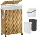 70L Slim Laundry Hamper with Lid & Wheels, Rolling Laundry Basket with 2 Removable Liner Bags & 3 Mesh Bags, Narrow Dirty Clothes Basket, Foldable Handwoven Rattan Laundry Sorter, Natural