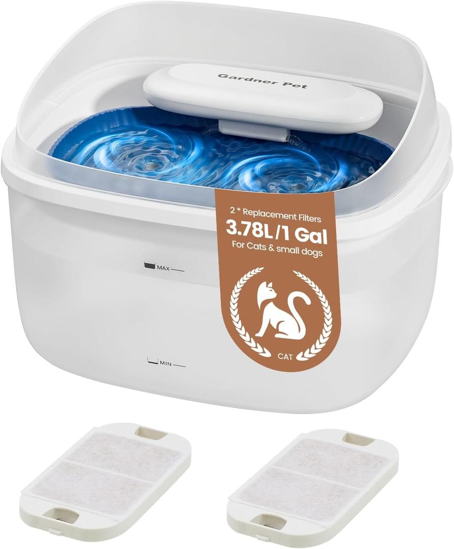 Gardner Pet Cat Fountain 1 Gallon, Vortex Dog Water Fountain, Ultra Quiet Automatic Cat Fountain with Filter, Transparent Tank, Splash-Proof, Easy to Clean,Without Adapter (White)