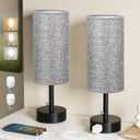 Fenmzee Grey Bedside Table Lamps Set of 2-3 Color Temperatures Pull Chain Lamp with AC Outlet Charging Port, Round Night Stand Lamps for Bedroom Office, Small Bed Side Light with E26 LED Bulbs,14.0in - AC