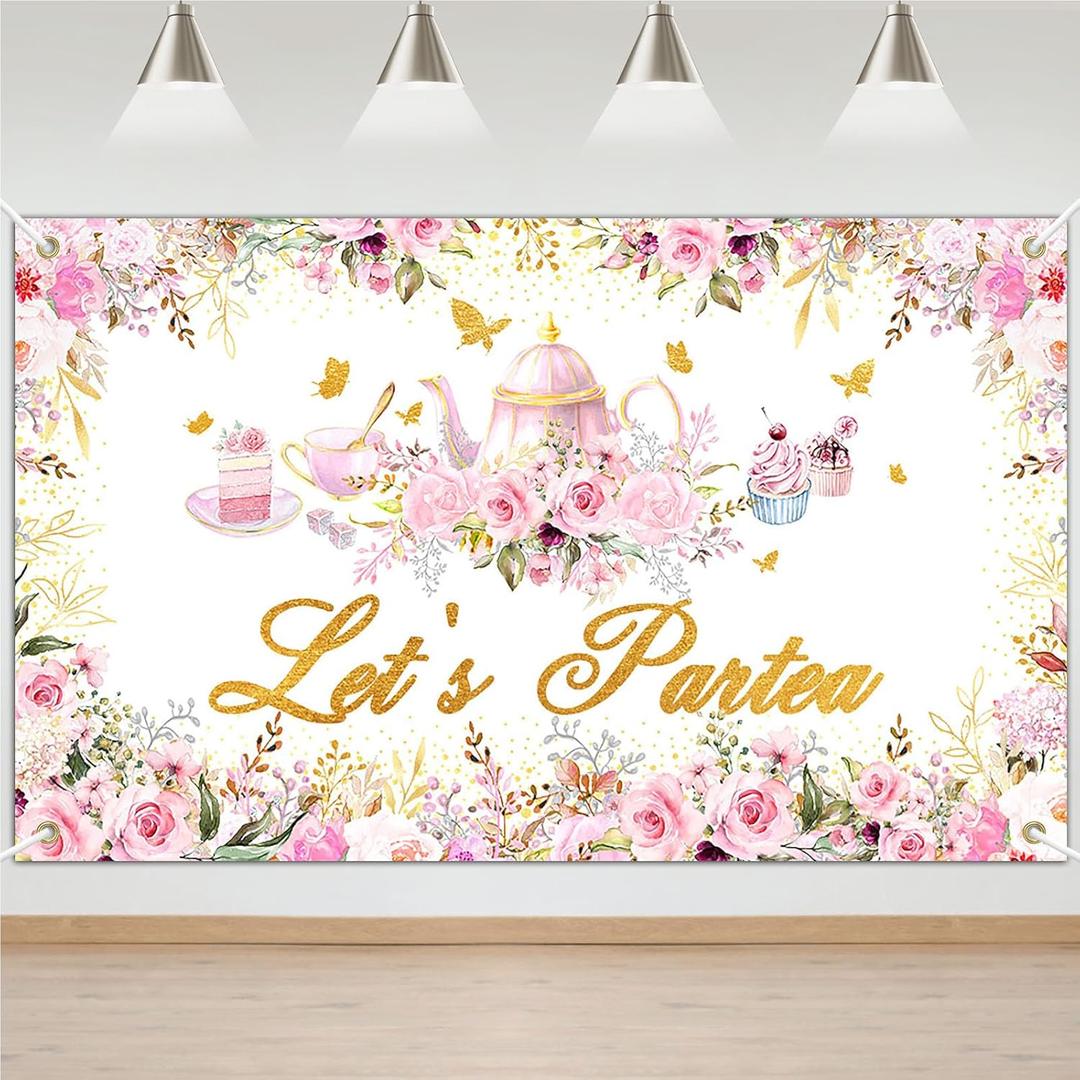 Avezano Tea Party Backdrop Floral Butterfly Glitter Let's Partea Banner Afternoon Tea Baby Shower Birthday Party Decorations 70.8 x 43.3 Inch (Pink)