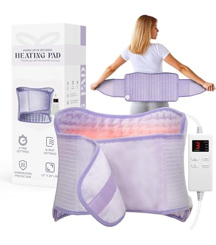 Heating Pad for Period Cramps, Upgraded Wrap Heating Pad for Back Pain Relief, Large 12''x 24''Heat Pad +26" Belt Adjustable 4 Timer 6 Heat Level Auto Shut Off, Christmas Birthday Gifts for Women Mom, Light Purple
