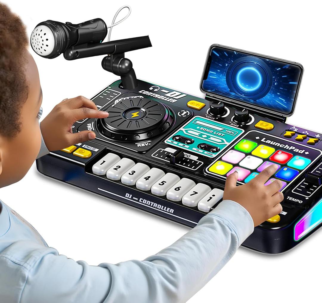 Kids DJ Mixer Controller Table Musical Toy Electronic Toy with LED Lights Sound Effect Microphone Piano DJ Board Key Musical Instruments Birthday Gift Toys for 3-7 Years Old Boy Girl