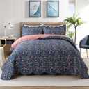 Travan 3-Piece Quilt Set Quilted Bedspread Lightweight Coverlet Set Garden Style Floral Printed Oversized Quilted Bedding Set for All Season, Blue Flower Sea, Queen Size