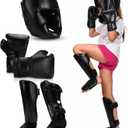 Arrowbash 5 Pcs Boxing Guards Set for Kids with Sparring Headgear, 6oz Boxing Gloves and Leg Shin Guards Wrestling Headgear for Youths Teens Boys Girls Kickboxing Karate Muay Thai BJJ Training Black