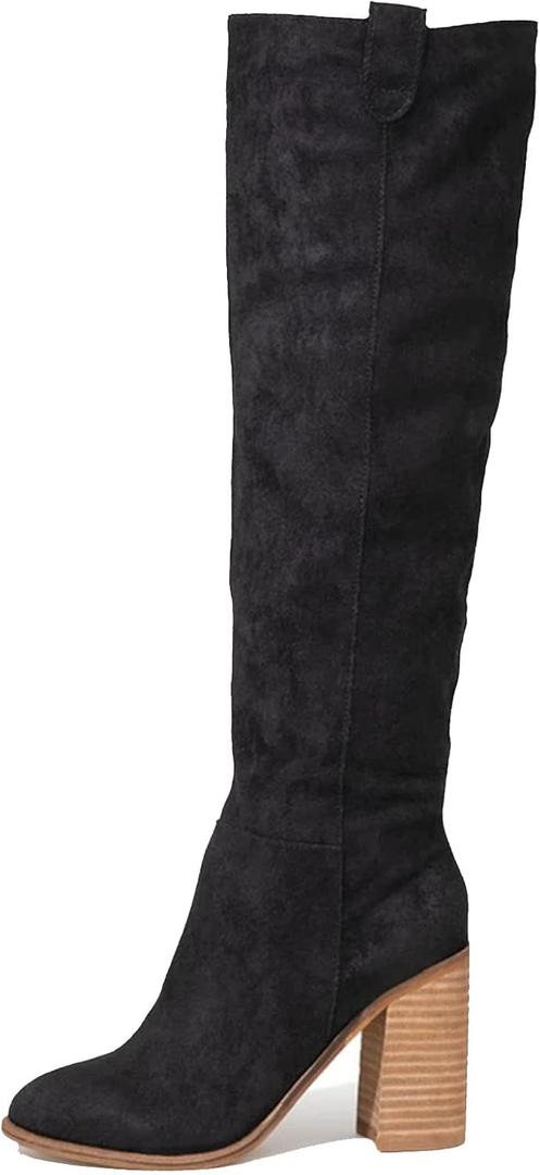 Erocalli Suede Knee-High Boots Fall Boot For Women Chunky Block High Heel Slouch Fashion Boot Round Toe Side Zipper (7, Black)