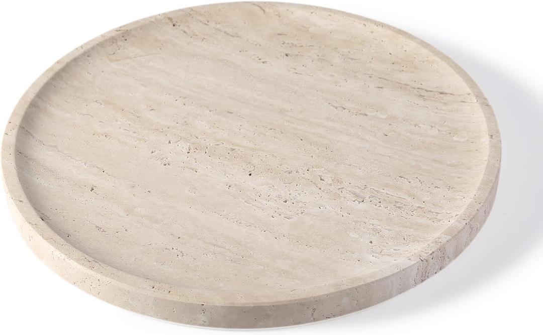 Koville Natural Travertine Tray for Home Decor, 10 Inch Round Serving Tray for Kitchen and Coffee Table, Decorative Marble Bathroom Trays for Counter, Luxury Vanity Tray, Light Beige Stone Tray (9.8")