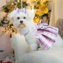 Dog Dress Bowknot Harness Leash Set for Small Dogs Girl Cute Plaid Dog Dress Pearls Bow Tie Spring Summer Princess Clothes Birthday Holiday Doggie Outfits for Puppy Cats Girl Apparel (Red, Small)