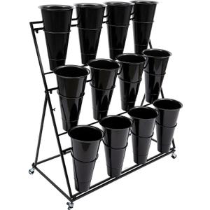 3 Tiers Metal Flower Plant Display Stand Shelf with Wheels and 12 Flower Buckets, 3 Layers Indoor Outdoor Moving Florist Bouquet Shelf, for Patio Garden, Living Room, Florist (Black)
