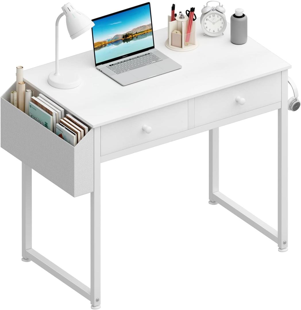Lufeiya Small White Kids Desk with Drawers for Bedroom, 32 Inch Home Office Desks with Fabric Storage Drawer and Bag, Study Writing Vanity Table for Small Spaces, White