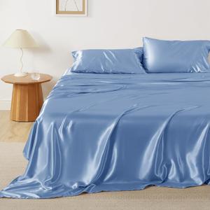 Bedsure Satin Sheets Queen Size - Similar to Silk Sheets, Silky Bedsheet, Luxury & Ultra Soft, Non-Fading & Wrinkle Free, Good for Hair & Skin, Gifts for Women, 4 Pieces, Sky Blue