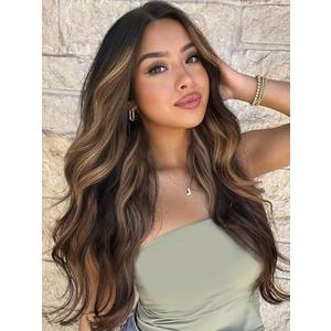 XIXIBI Long Brown Highlights Wigs for Women, Ombre Brown Mixed Blonde Wigs with Black Roots, Synthetic Long Curly Wavy Wigs With Lace Hairline, Heat Resistant Fiber Wig for Daily Party Use