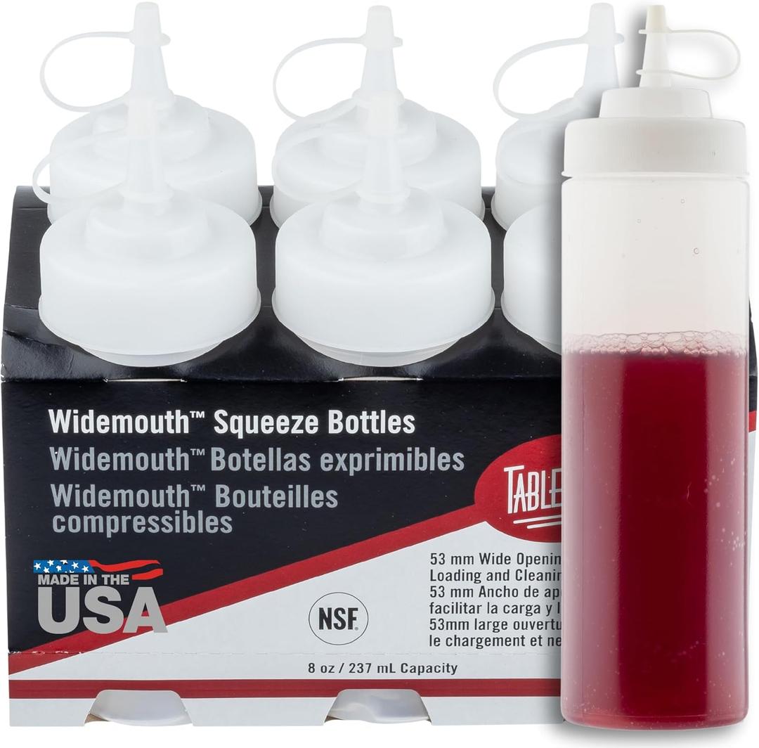 Tablecraft Plastic Condiment Squeeze Bottles, Foodservice Restaurant Commercial Use Widemouth 53mm, Cone-Tip Top w/Tethered Cap for Olive Oil, BBQ Sauce, Dressing, Food Prep, 8 oz, 237 mL, Clear, 6