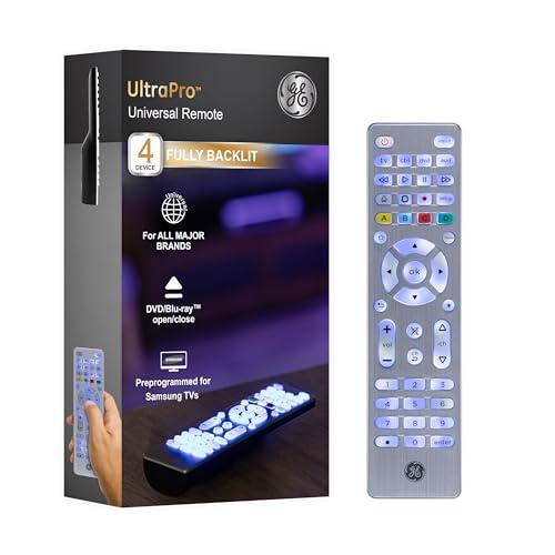 GE Backlit Buttons Universal Remote Control, Samsung TV Remote Control Replacement, Samsung Remote Control for Smart ΤV, Roku Remote Replacement, Vizio, LG ΤV, Sony, Apple TV, 4-Device, Silver, 48844