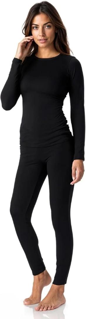 Thermajane Long Johns Thermal Underwear for Women Fleece Lined Base Layer Pajama Set Cold Weather (XL, Black)