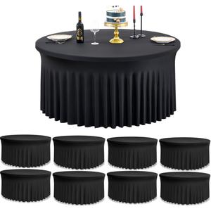 leegleri 8 Pack Spandex Black Round Tablecloths for 72in Table, Stretchy 132inch Fitted 6FT Round Table Cloths, Wrinkle Free Table Cover with Skirt for Wedding Birthday Party Bridal Shower Banquet