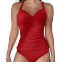B2prity Women's Ruched Tankini Swimsuits V Neck Wrap Tie Back Two Pieces Bathing Suit Tummy Control Swimwear(Red) Size XL