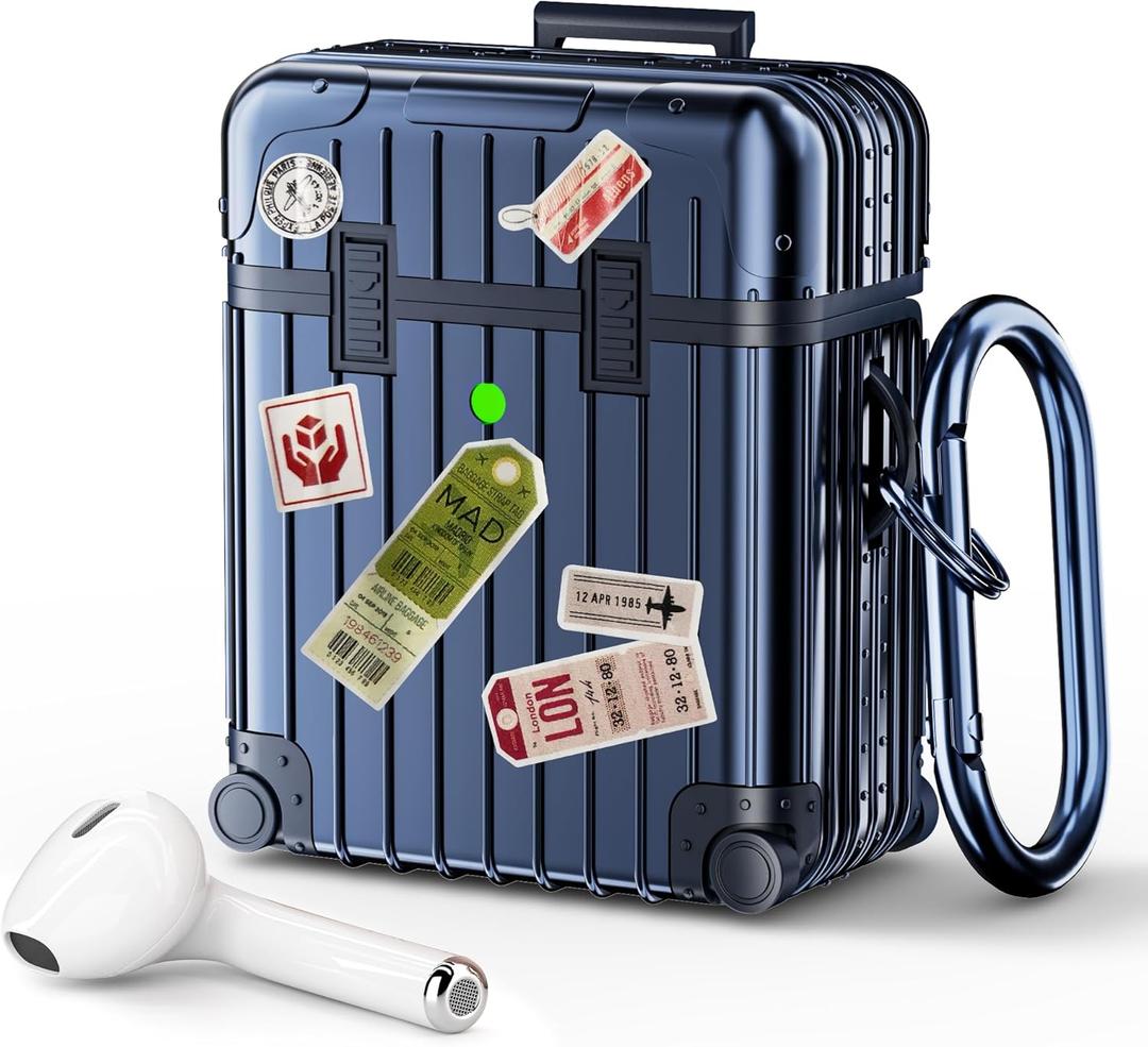 KOREDA Compatible with AirPods Case Cover, Funny Suitcase Design Case for Airpods 2nd Generation/1st Generation, Cute Fashion Protective Hard Case for Women Men with Keychain (Blue)
