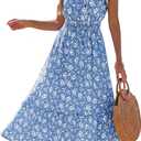 Women's Summer Floral Midi Dress Smocked Waist V Neck Ruffle Sleeve Boho Tiered Sundress Casual Beach Vacation Outfit (Blue, S)