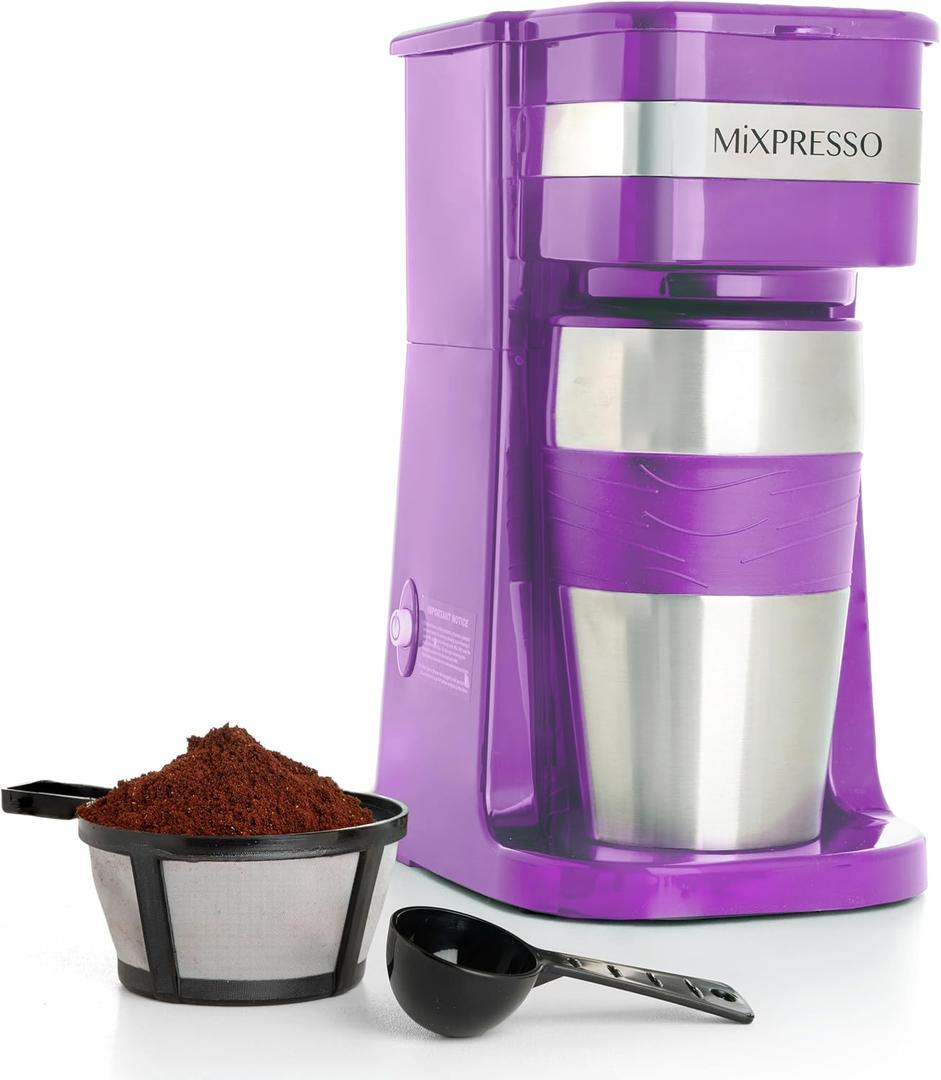Mixpresso Purple Personal Single Serve Coffee Maker with 14oz Travel Mug, Drip Small Coffee Maker with Auto Shut Off, Reusable Filter, Works with Ground Coffee Only  Not for K-Cup Pods (Leavander)