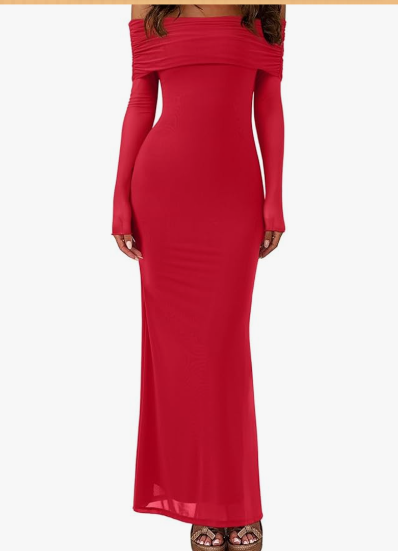 REORIA Women Off Shoulder Long Sleeve Dress Elegant Sexy Stretch Mesh Double Lined Slim Trendy Long Dresses Medium