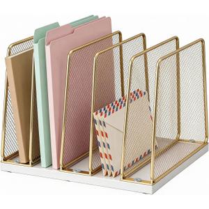 Gold Desk File Organizer, 5-Section Upright File Sorter, Vertical File Folder Holder, Mesh Metal Wood Office Desktop Organization for Document, Magazine, Books and more (White and Gold)
