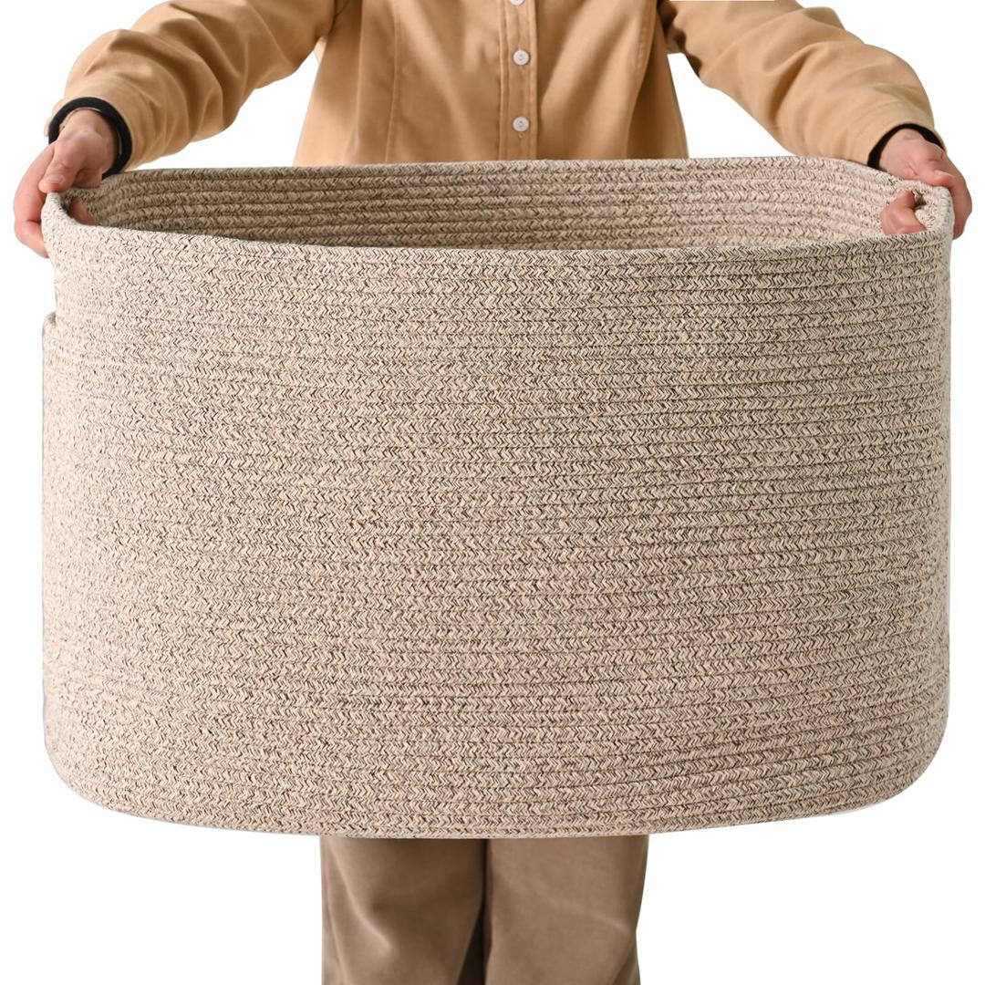 ICERZCZ Large Storage Basket for Organizing, Blanket Basket for Living Room, Large Toy Baskets for Storage, Woven Cotton Rope Baskets for Blankets, Clothes, Shoes, Brown, 25”x16”x16” (105L)