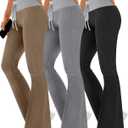 Velvelhall 3 Pack Women's Flare Leggings Ribbed Knit Color Block Yoga Pants Bootcut Sweatpants Stretchy Bell Bottoms(Black, Dark Gray, Coffee, Medium)