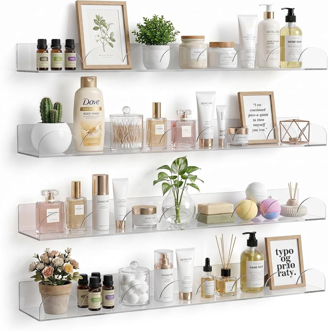 4-Pack Clear Acrylic Floating Shelves, 24 inches