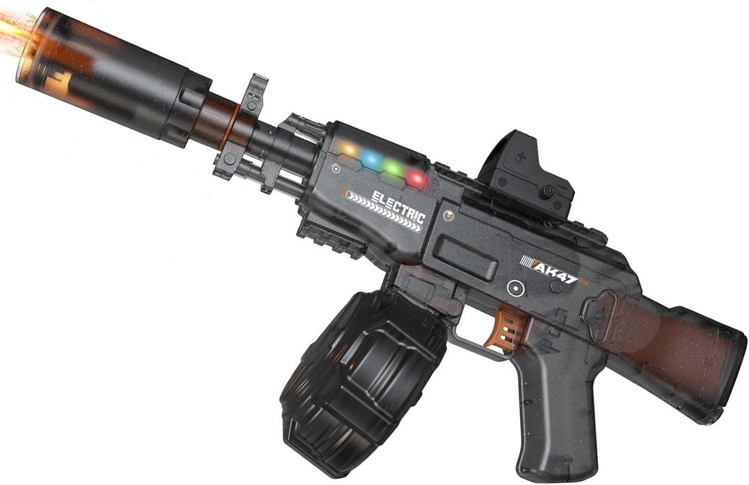 Electric Water Gun with LED Sight, Rechargeable Battery, High Capacity Drum Magazine, Black (Transparent) Ages 3+