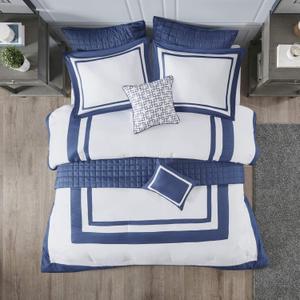 Madison Park Heritage Comforter Quilt Combo Set - Modern Luxury Design, All Season Down Alternative Bedding, Matching Shams, Decorative Pillows, Full/Queen(90"x90"), Color Block Navy 8 Piece