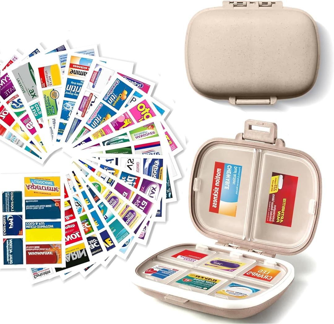 Pill Organizer with Medicine Labels Travel Daily Pill Container Mini Medication Organizer Storage Pill Organizer Travel Essentials Pill Case 7 Day Pill Organizer (Beige, 161 Lables)