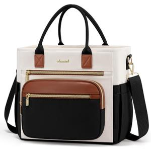 LOVEVOOK Insulated Lunch Bag Women,Wide Opening Adult Lunch Box Women,Large Leakproof Cooler Bag for Work Picnic Beach Family College,Lunch Teacher Tote Bag with Adjustable Shoulder Strap Cup Holder (Black with Off White with Brown)