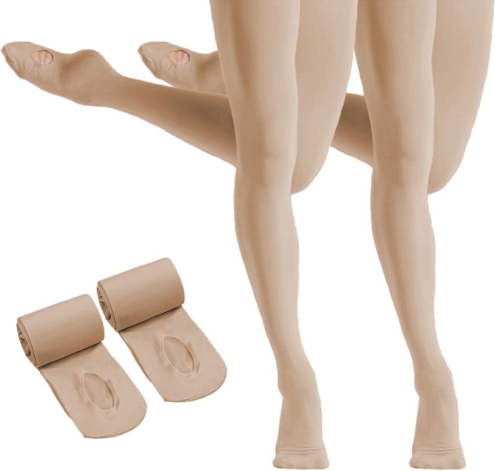 HETH Ballet Tights for Girls - Ultra Soft Dance Tights Convertible Tight (5-8 Years, Tan 2 Pairs)