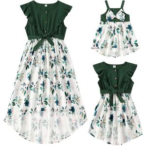 AWIBMK Mommy and Me Matching Dresses Floral Print Ruffled Short Sleeve Midi Dress Summer Beach Holiday Mom Daughter Matching Outfits Green Flower, Medium